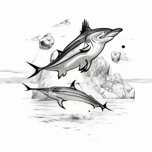 an island with a cheetah on it, a blue marlin swimming in the water, and a peregrine falcon swooping through the sky tattoo design idea