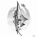 an island with a cheetah on it, a blue marlin swimming in the water, and a peregrine falcon swooping through the sky tattoo design idea