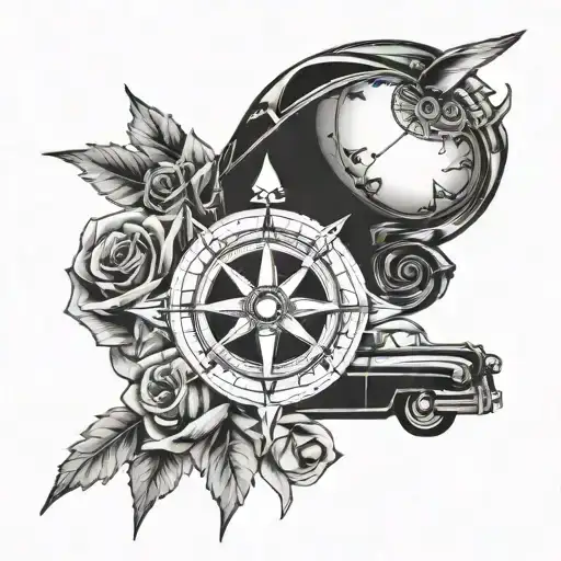 A compass rose intertwined with a vintage car, symbolizing the client's love for travel and automobiles tattoo design idea
