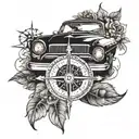 A compass rose intertwined with a vintage car, symbolizing the client's love for travel and automobiles tattoo design idea