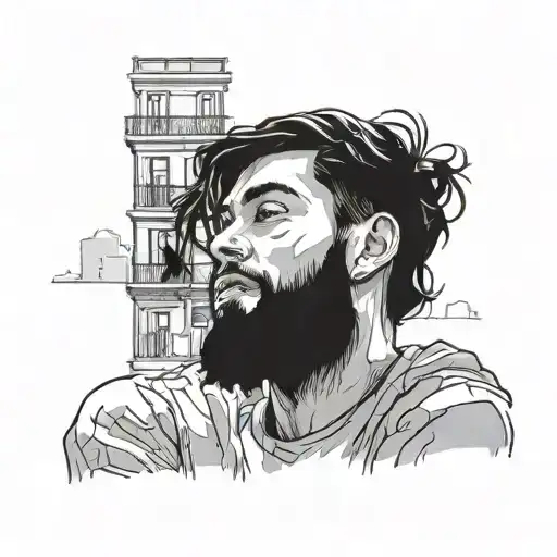 young man with black hair and beard smokes sitting on a low wall against a city background tattoo design idea