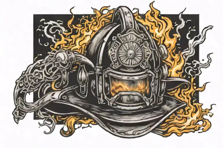 Firefighter helmet engulfed in flames tattoo design idea