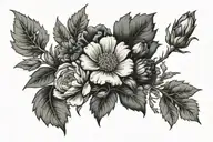 carnation flower, aster flower, cosmo flower, poppy flower, rosemary sprigs and ivy leaves tattoo design idea