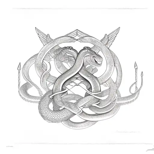 staff of caduceus with two snakes prominently wrapped evenly around the staff tattoo design idea