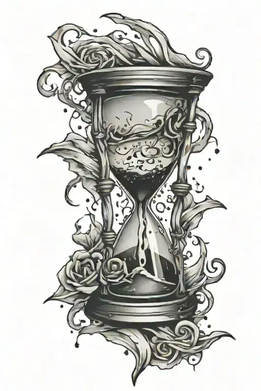 broken hourglass filled with swirling with an eye crying leaking down into bottom glass and out through break in glass tattoo design idea