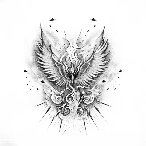 un ave fenix saliendo del fuego vista de perfilcon las alas desplegadas tattoo design idea