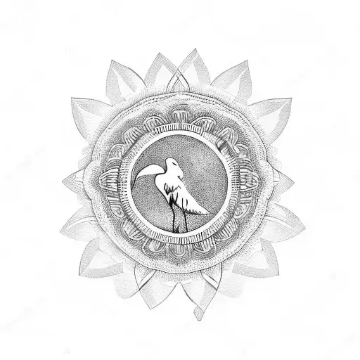 fan with crane and flowers tattoo design idea