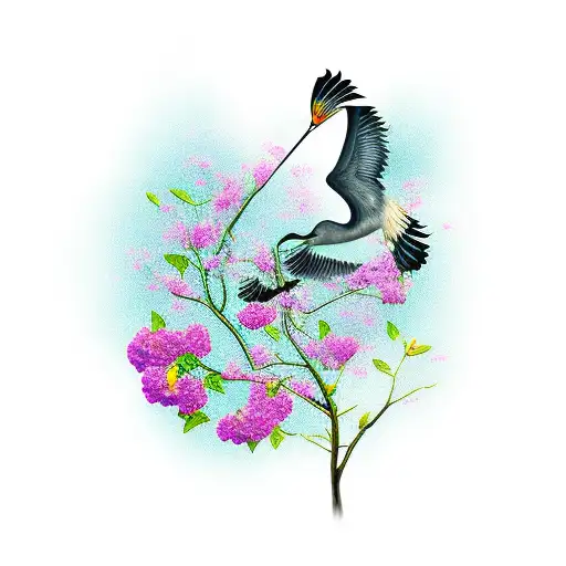 fan with crane and flowers tattoo design idea