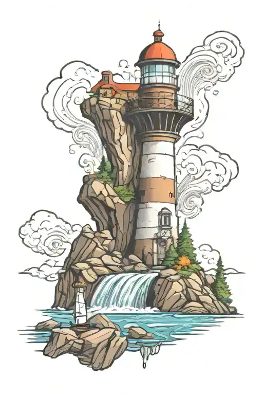 Lighthouse and waterfall cascading tattoo design idea