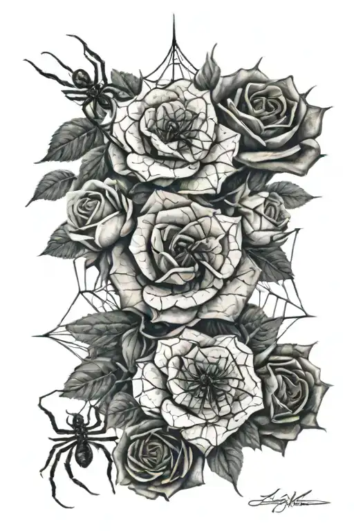 rose bunch covered in spider web and black widows tattoo design idea