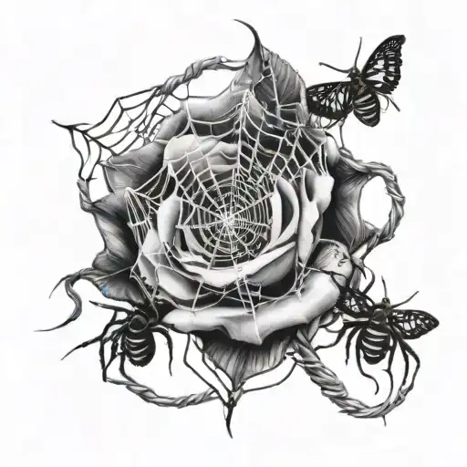 roses covered in spider web and spiders weaving their webs tattoo design idea
