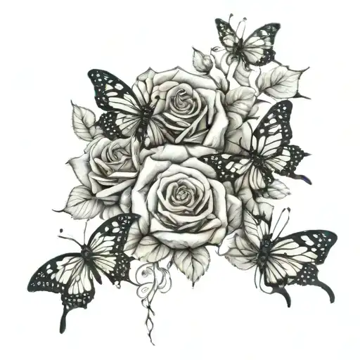 rose bunch webbed up with black widows and butterflies tattoo design idea