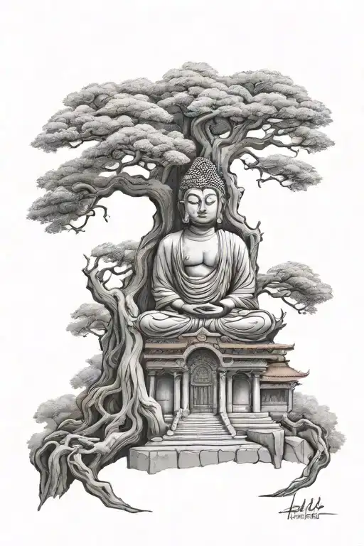  buddha temple with tree tattoo design idea