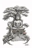  buddha temple with tree tattoo design idea