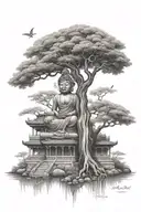  buddha temple with tree tattoo design idea