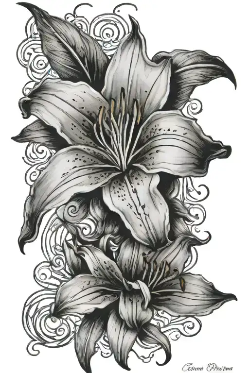 lily flower with poem written in elegant calligraphy tattoo design idea