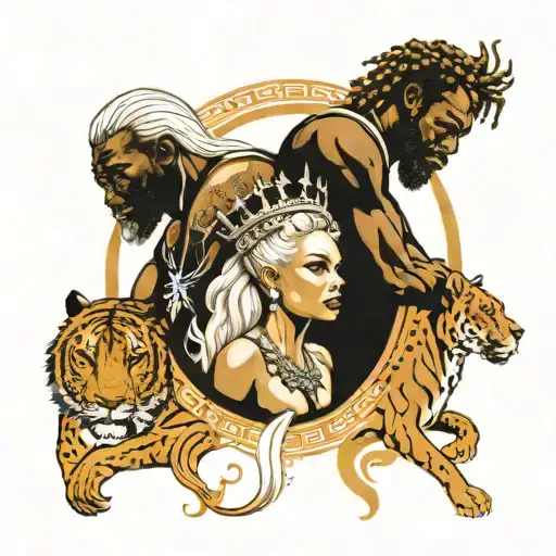 one very slim white blonde queen female surrounded by two muscular big african king males tattoo design idea