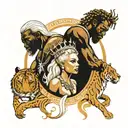 one very slim white blonde queen female surrounded by two muscular big african king males tattoo design idea