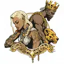 one very slim white blonde queen female surrounded by two muscular big african king males tattoo design idea