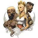 one very slim white blonde queen female surrounded by two muscular big african king males tattoo design idea