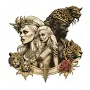 one very slim white blonde queen female surrounded by two muscular big african king males tattoo design idea