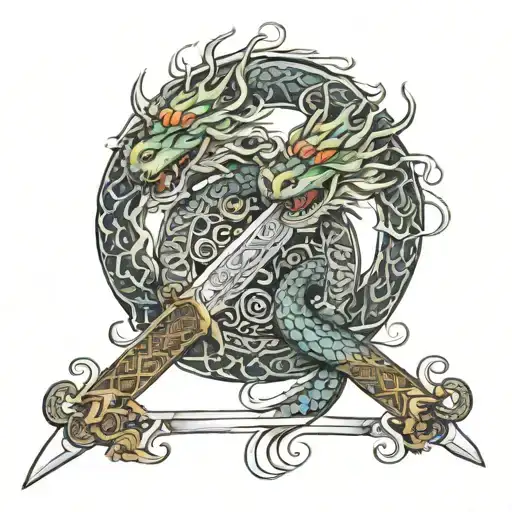 2 Chinese dragons wrapped around a sword tattoo design idea