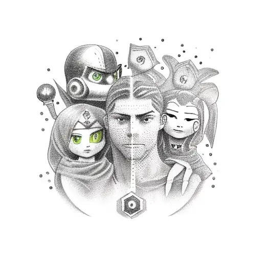 A dotwork tattoo of the client's wife and children depicted as characters from a video game, with a banner below saying 'My Ultimate Team' tattoo design idea