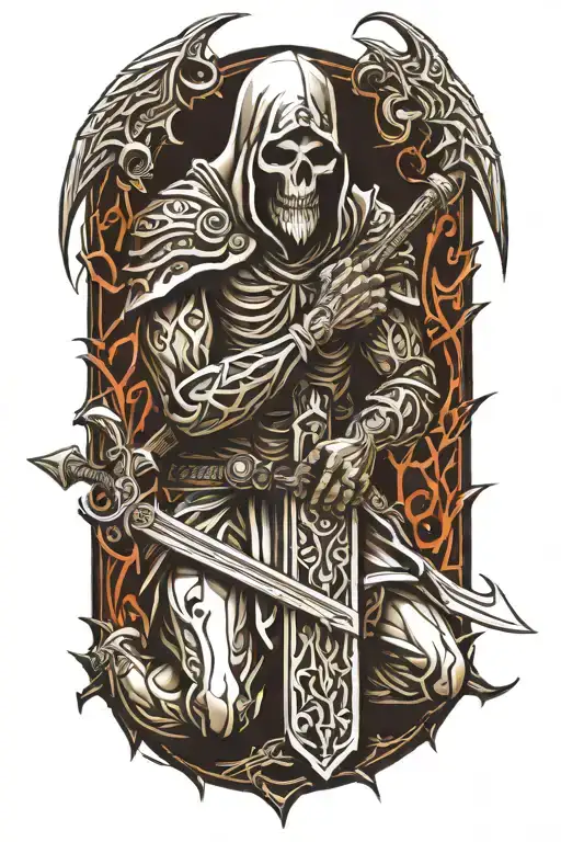 tribal reaper knight kneeling tattoo design idea