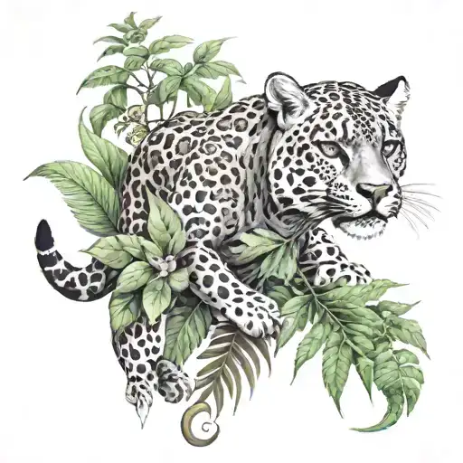 gothic jaguar and dragon with leafs and ferns and birds tattoo design idea