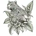 gothic jaguar and dragon with leafs and ferns and birds tattoo design idea
