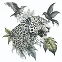 gothic jaguar and dragon with leafs and ferns and birds tattoo design idea