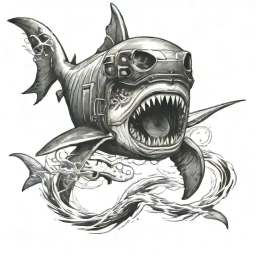 A police car transformed into a giant swimming shark with a skull emblem on its side tattoo design idea