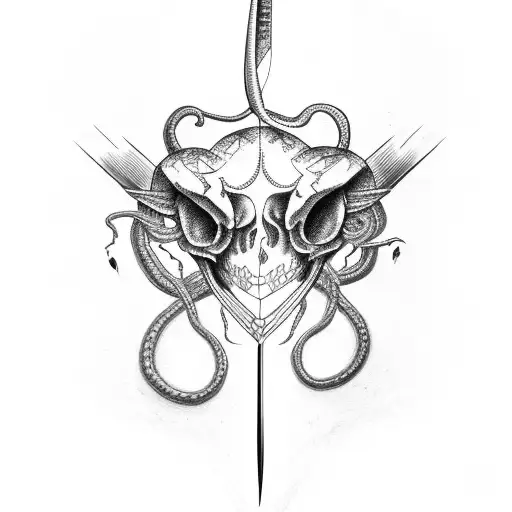 snake skull and knife  tattoo design idea