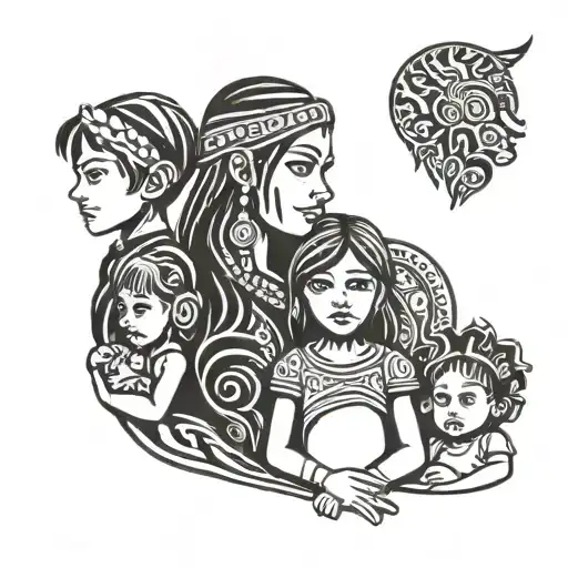 3 children boy and two girls with Mother and father  tattoo design idea