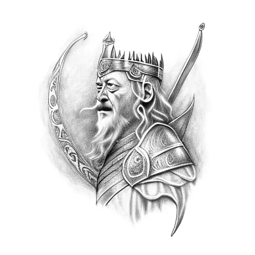 theoden king from lord of the rings movies with the banner of rohan and Simbelmynë flowersin the background tattoo design idea