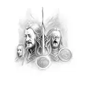 theoden king from lord of the rings movies with the banner of rohan and Simbelmynë flowersin the background tattoo design idea