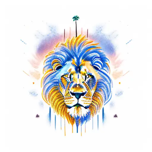 orange and yellow sunset with lion and tree tattoo design idea