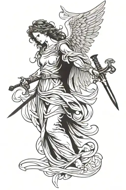 angel with a sword with broken wings made tattoo design idea