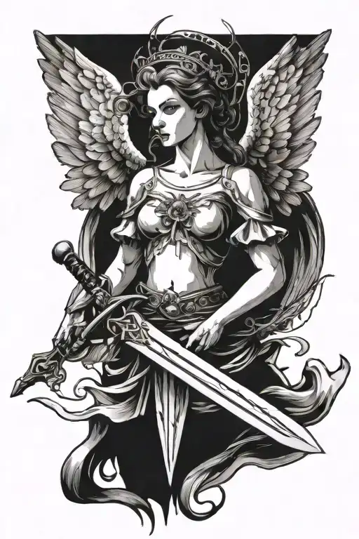 angel with a sword with broken wings made facing forward tattoo design idea