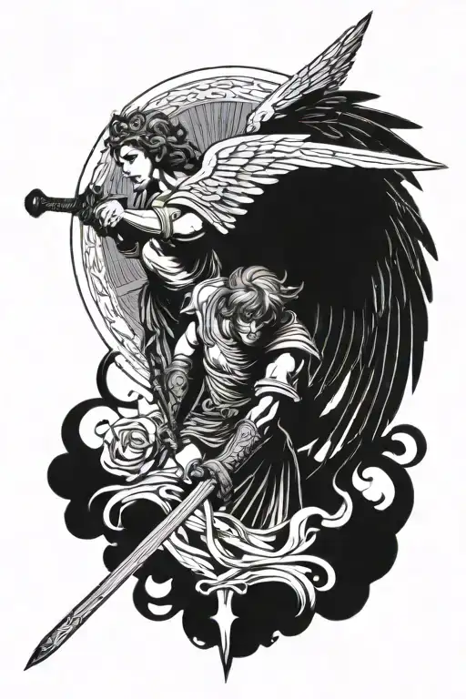 angel with a sword with broken wings made tattoo design idea