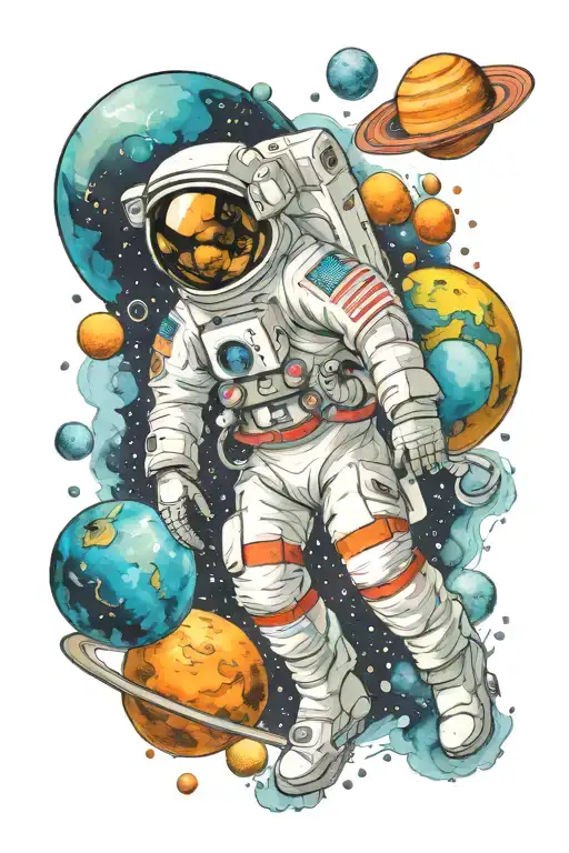 A tribute to my autistic son. He is an astronaut in space with several planets. The colors of autism. tattoo design idea