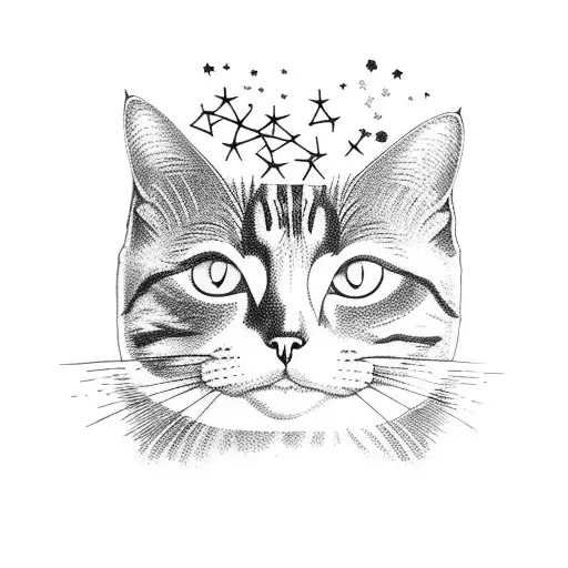 Cat, wine, stars tattoo design idea
