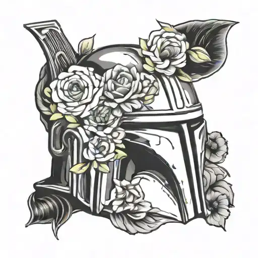mandalorian helmet with flowers surrounding tattoo design idea