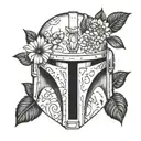 mandalorian helmet with flowers surrounding tattoo design idea