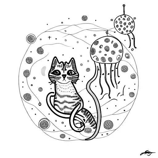 A realistic portrait of a cat surrounded by floating jellyfish in a starry night sky tattoo design idea