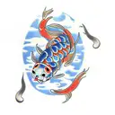 A traditional Japanese koi fish transforming into a cat, with celestial elements like shooting stars and a moon in the background tattoo design idea