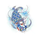 A traditional Japanese koi fish transforming into a cat, with celestial elements like shooting stars and a moon in the background tattoo design idea