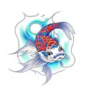 A traditional Japanese koi fish transforming into a cat, with celestial elements like shooting stars and a moon in the background tattoo design idea