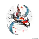 A traditional Japanese koi fish transforming into a cat, with celestial elements like shooting stars and a moon in the background tattoo design idea
