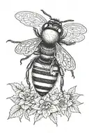 A bumble bee surrounded by intricate coloring craft patterns and bee hive tattoo design idea